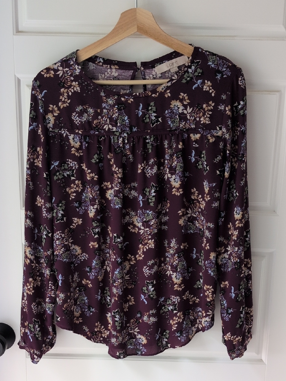 LOFT Plum Floral Long-Sleeve Peasant Blouse